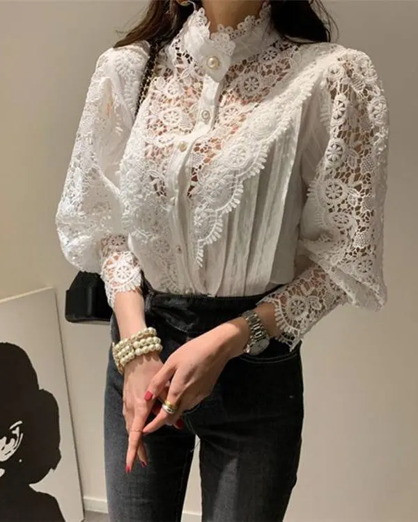Patchwork lace stand collar hollowing out blouse shirt