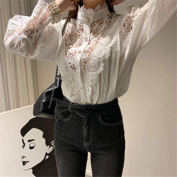 Patchwork Lace Stand Collar Hollowing Out Blouse Shirt in Blouses & Shirts