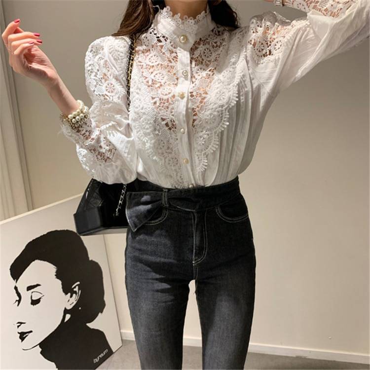 Patchwork Lace Stand Collar Hollowing Out Blouse Shirt in Blouses & Shirts