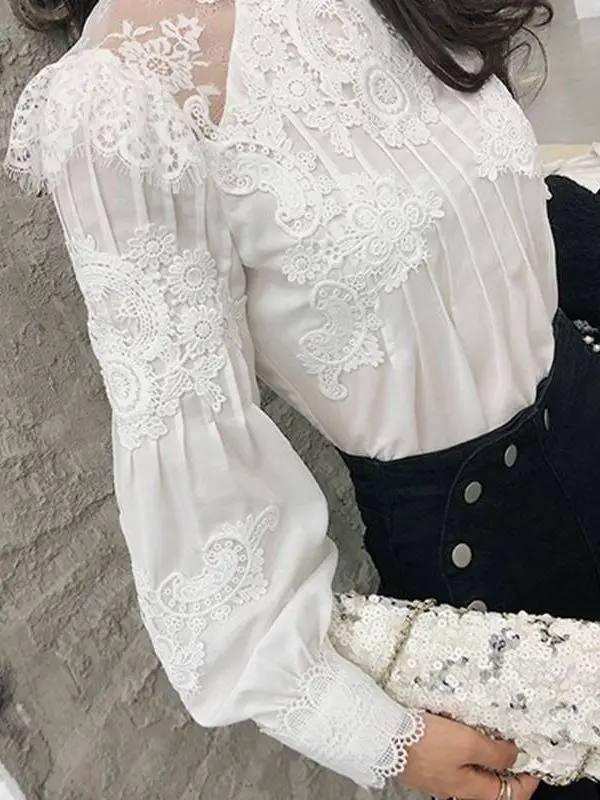 Lace hollow out stand collar puff sleeve shirt