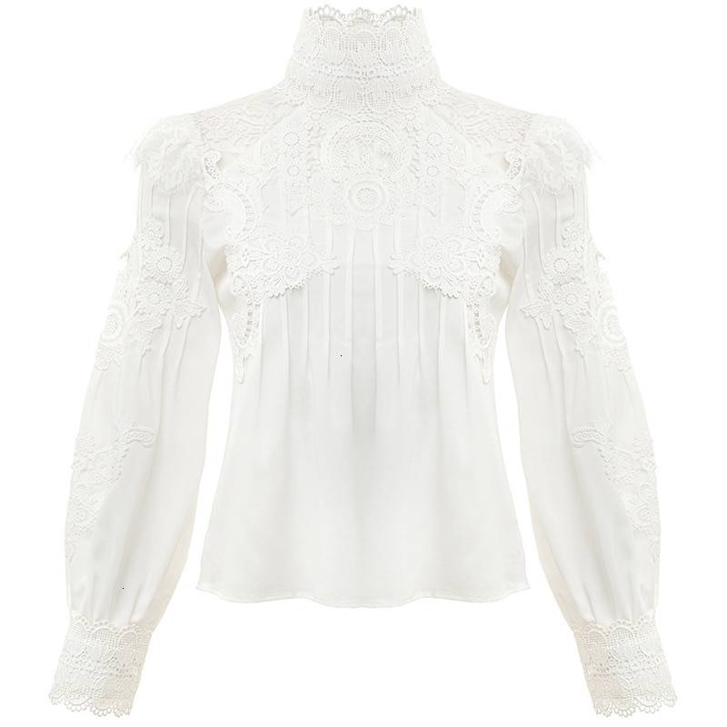 Lace hollow out stand collar puff sleeve shirt
