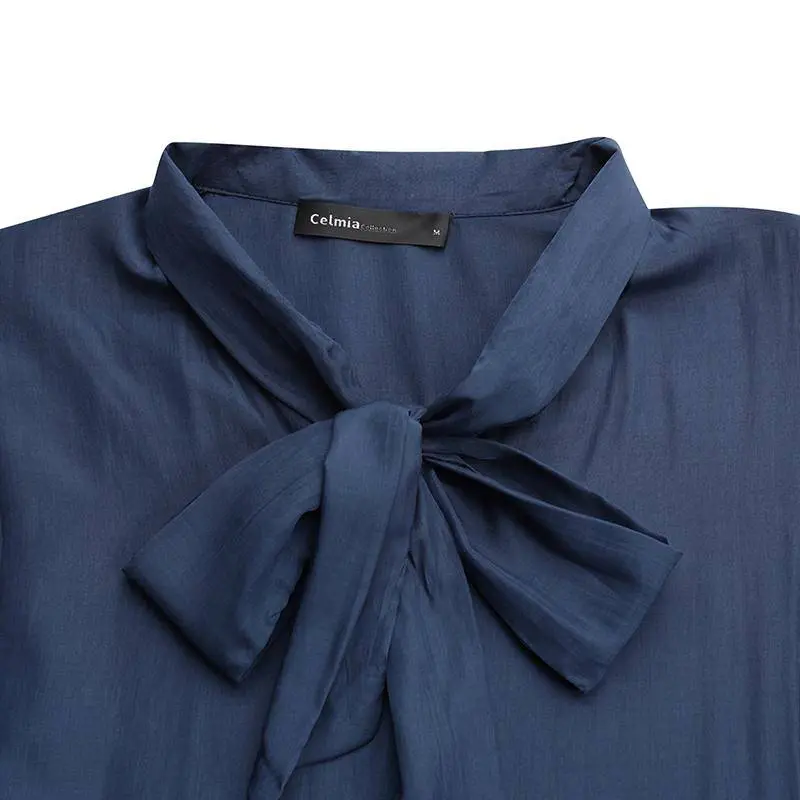 Elegant bow collar long puff sleeve loose office blouse shirt