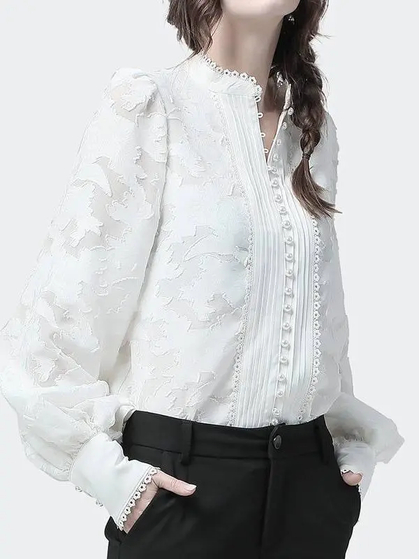 Patchwork Lace Lantern Long Sleeves Stand Collar Shirt in Blouses & Shirts