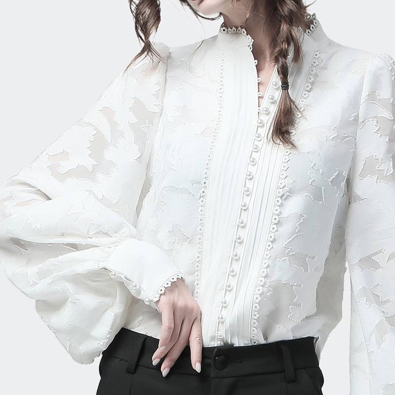 Patchwork Lace Lantern Long Sleeves Stand Collar Shirt in Blouses & Shirts