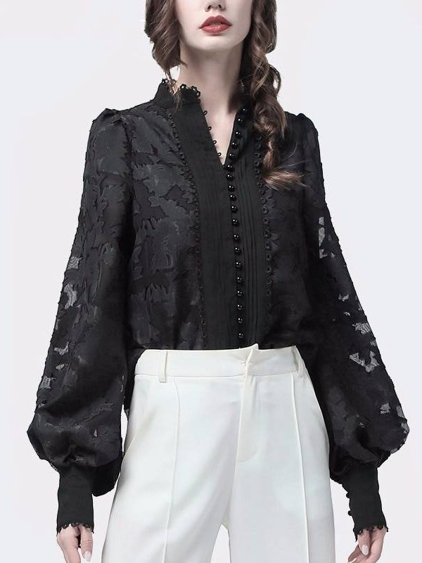 Patchwork lace lantern long sleeves stand collar shirt