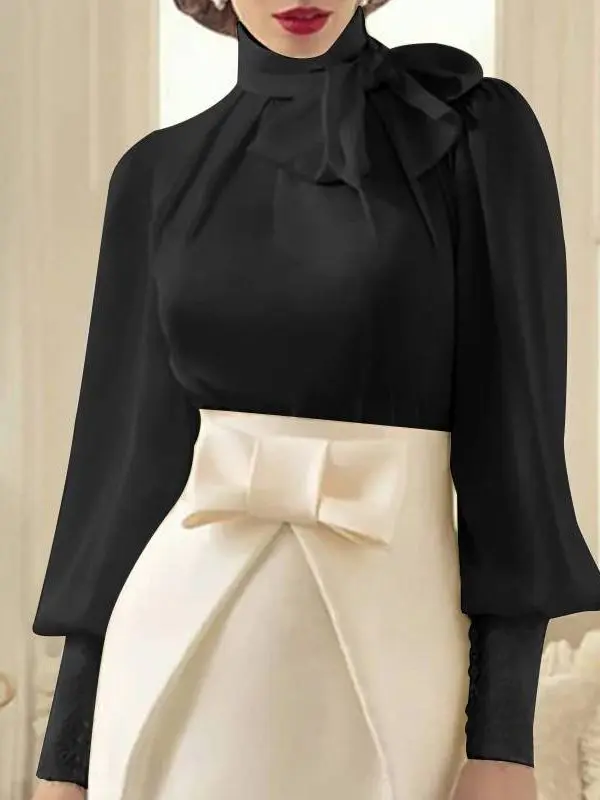 Elegant satin long lantern sleeve bow tie office blouse shirt