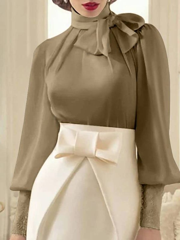 Elegant satin long lantern sleeve bow tie office blouse shirt