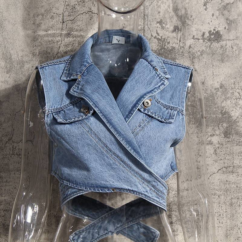 Blue denim single breasted lapel long puff sleeve shirt two pieces