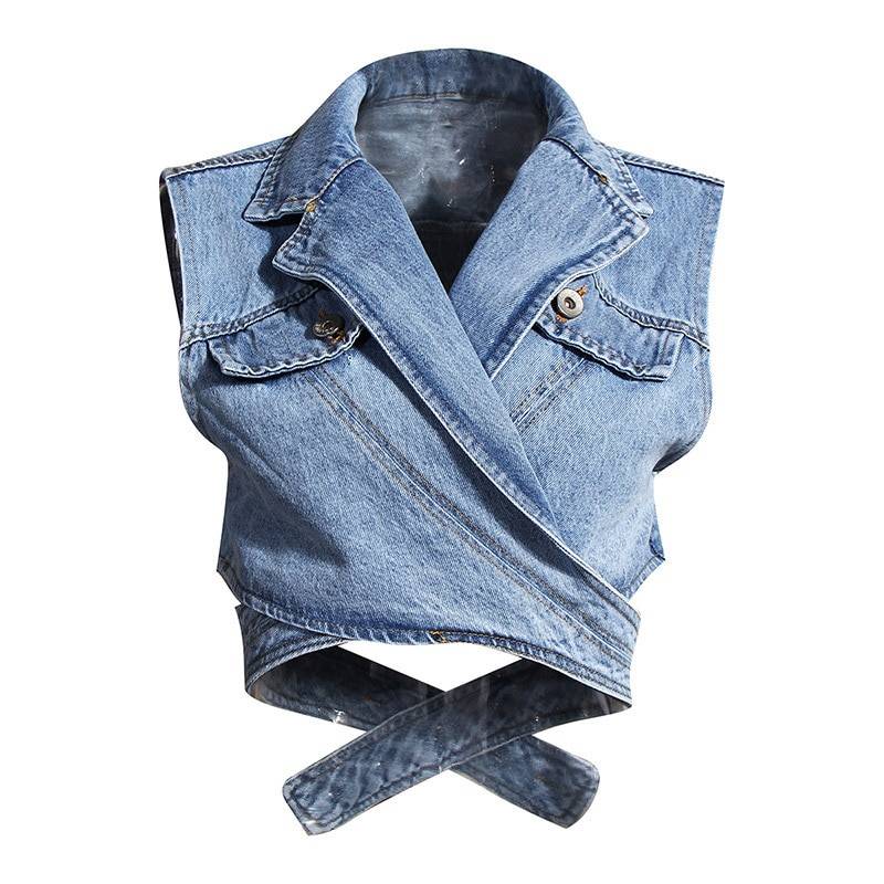 Blue denim single breasted lapel long puff sleeve shirt two pieces