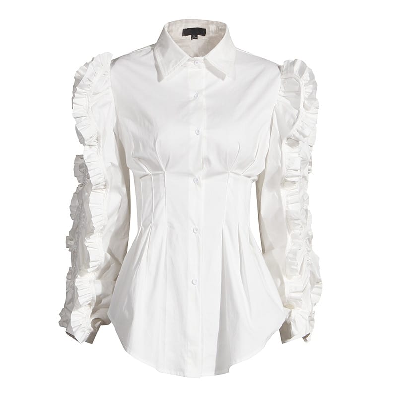 Patchwork ruffle lapel long sleeve high waist tunic blouse shirt