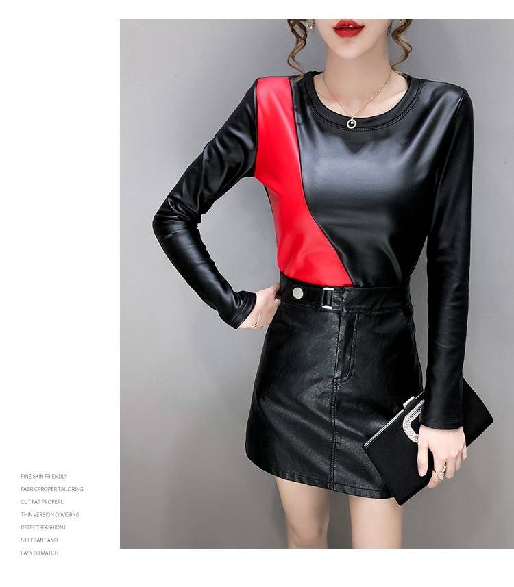 Long sleeve patchwork elastic warm velvet pu leather blouse