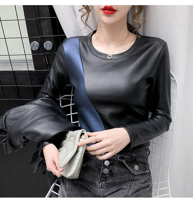 Long sleeve patchwork elastic warm velvet pu leather blouse
