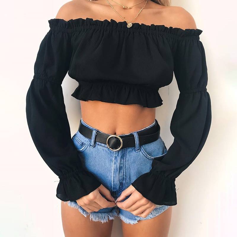 White Chiffon Off Shoulder Ruffles Pull Sleeve Blouse Shirt in Blouses & Shirts