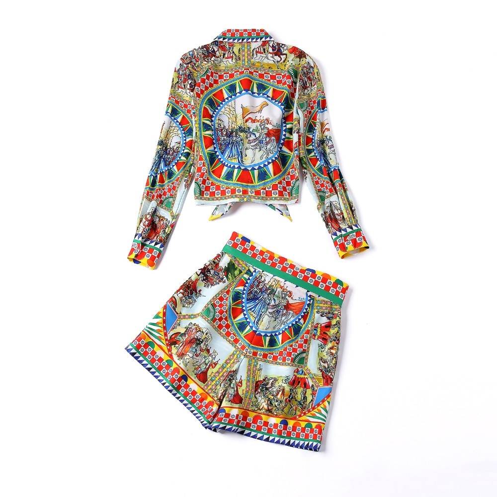 Long sleeve print blouse + shorts two pieces set