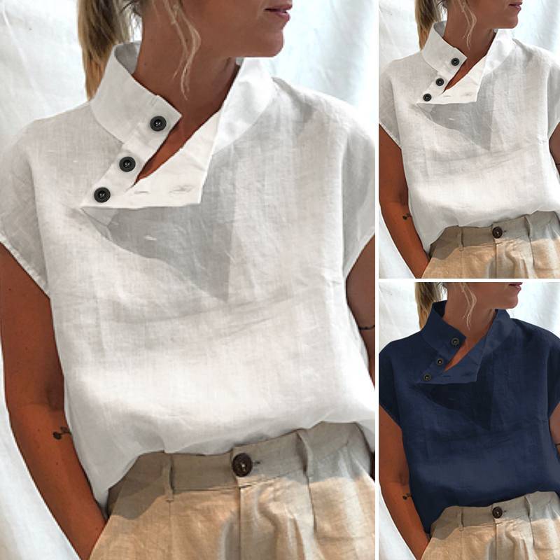Short sleeve buttons cotton linen loose blouse shirt