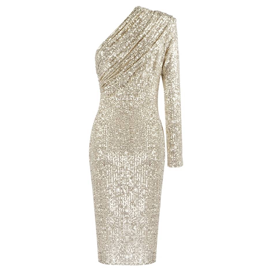 One Shoulder Sparkle Sequins Mesh Patchwork Dress in Dresses