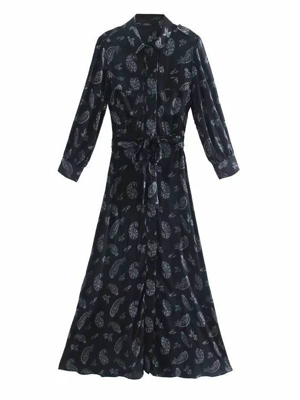 Vintage Printing Sashes Puff Sleeve Shirt Dress in Dresses