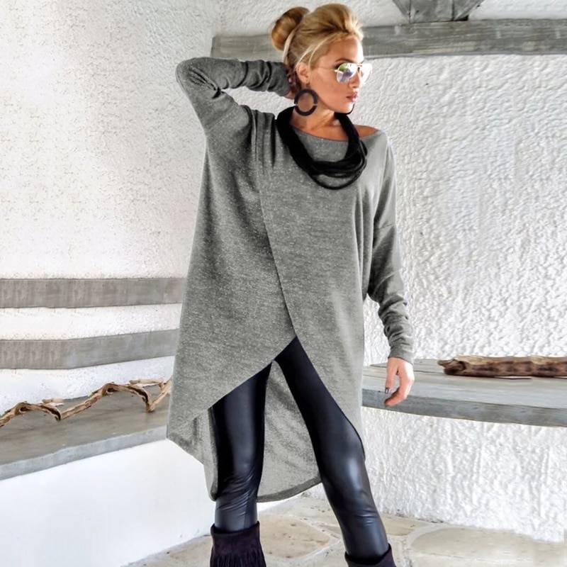 Asymmetric O Neck Long Sleeve Loose Tunic Blouse in Blouses & Shirts