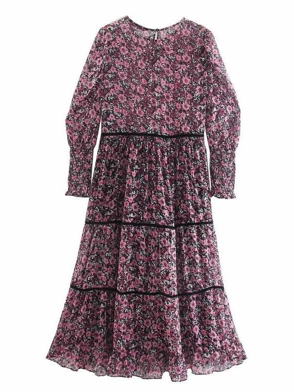 Floral Printing Chiffon O Neck Puff Sleeve Loose Tiered Ruffle Midi Dress in Dresses