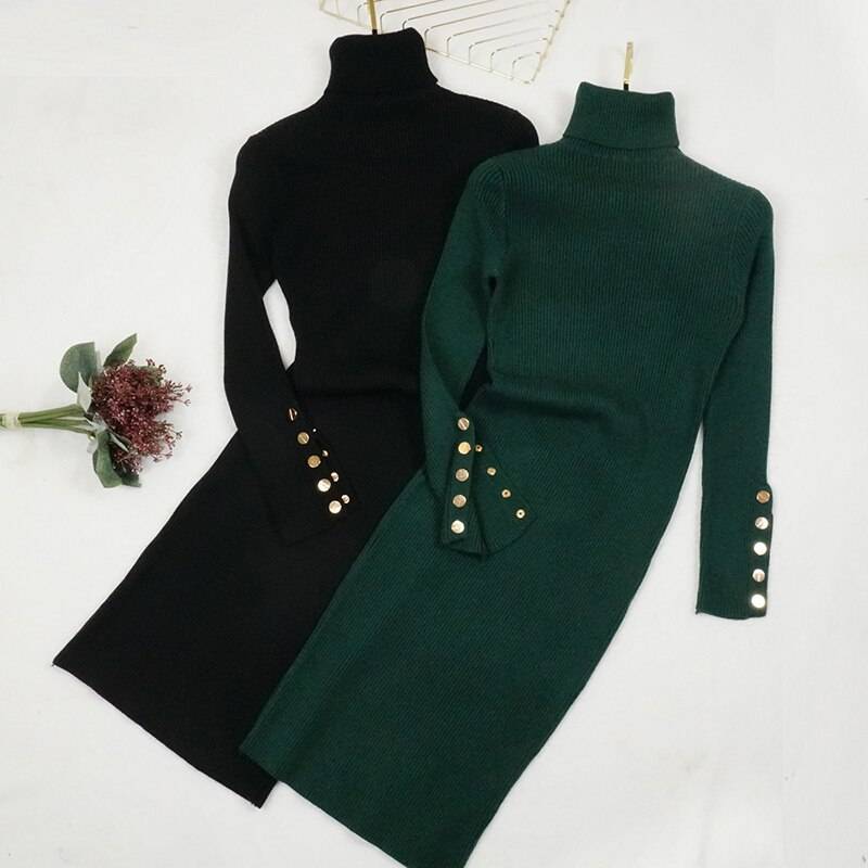 Button Long Sleeve Turtleneck Knitted Sweater Dress in Dresses