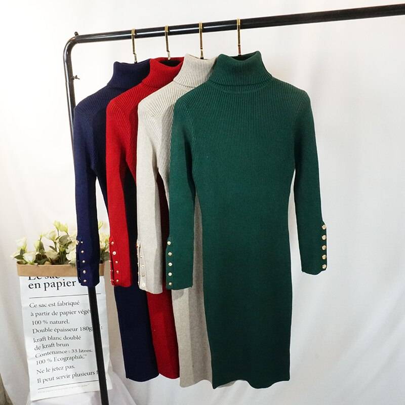Button Long Sleeve Turtleneck Knitted Sweater Dress in Dresses