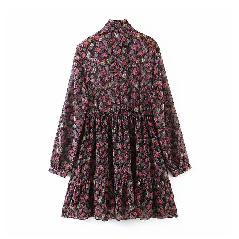 Vintage Floral Bow Tie Neck Pleated See Through Sleeve Print Mini Dress in Dresses