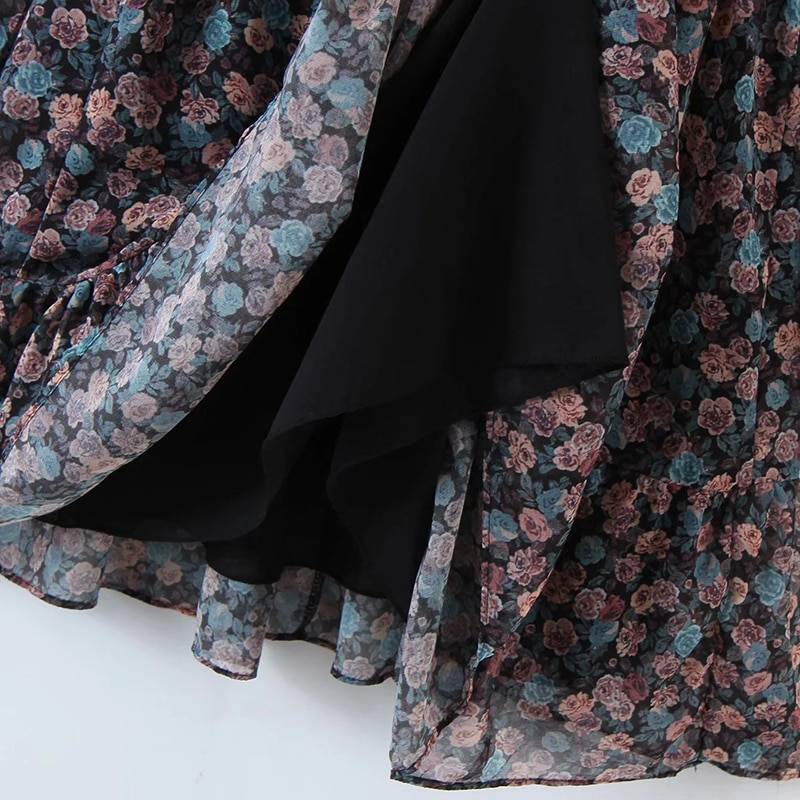 Vintage floral bow tie neck pleated see through sleeve print mini dress