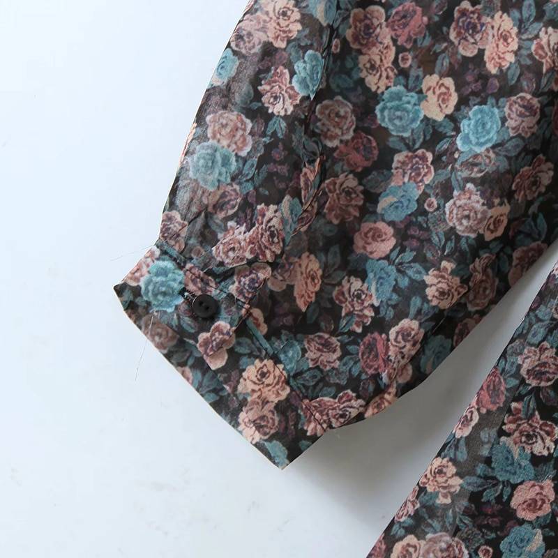 Vintage floral bow tie neck pleated see through sleeve print mini dress