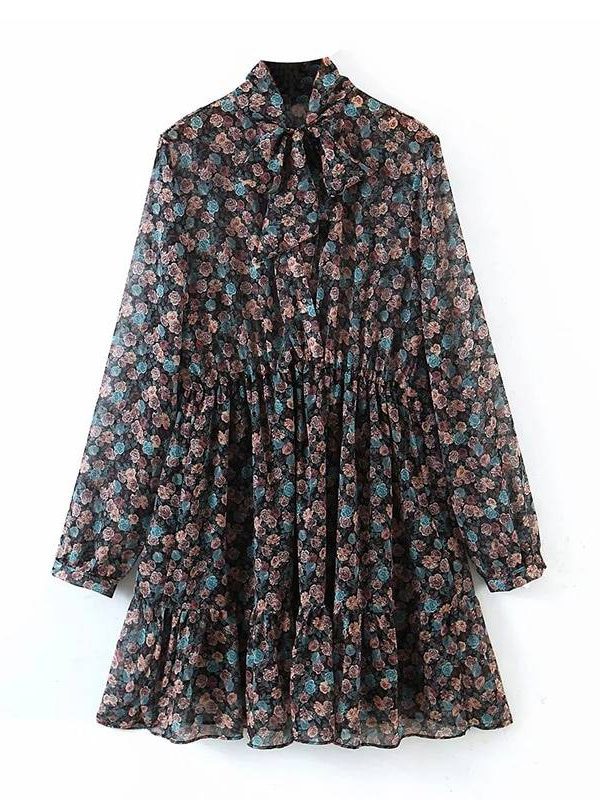 Vintage Floral Bow Tie Neck Pleated See Through Sleeve Print Mini Dress in Dresses