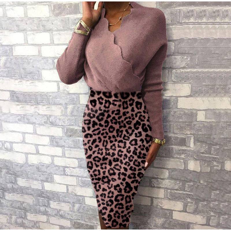 V-neck leopard high waist office knitted dress