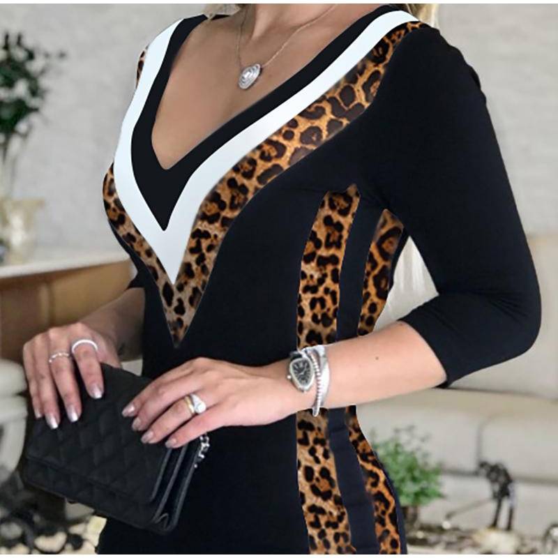 V-Neck Leopard High Waist Office Knitted Dress in Dresses