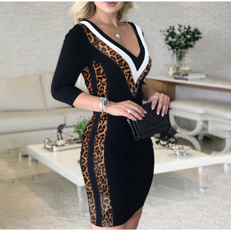 V-Neck Leopard High Waist Office Knitted Dress in Dresses