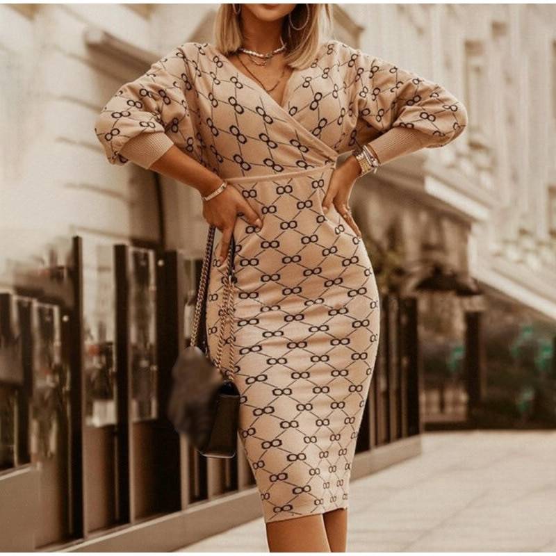 V-neck leopard high waist office knitted dress