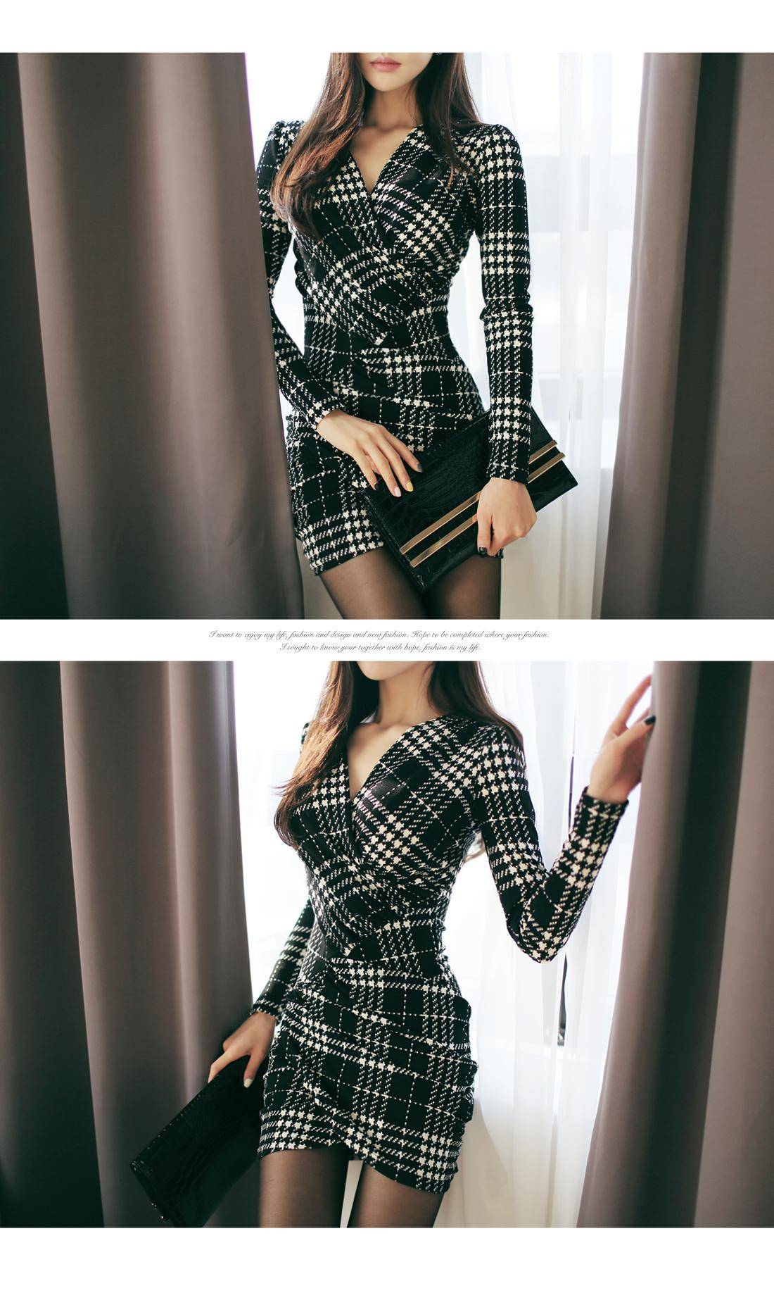 Elegant V-Neck Long Sleeve A-Line Plaid Bodycon Office Mini Dress in Dresses