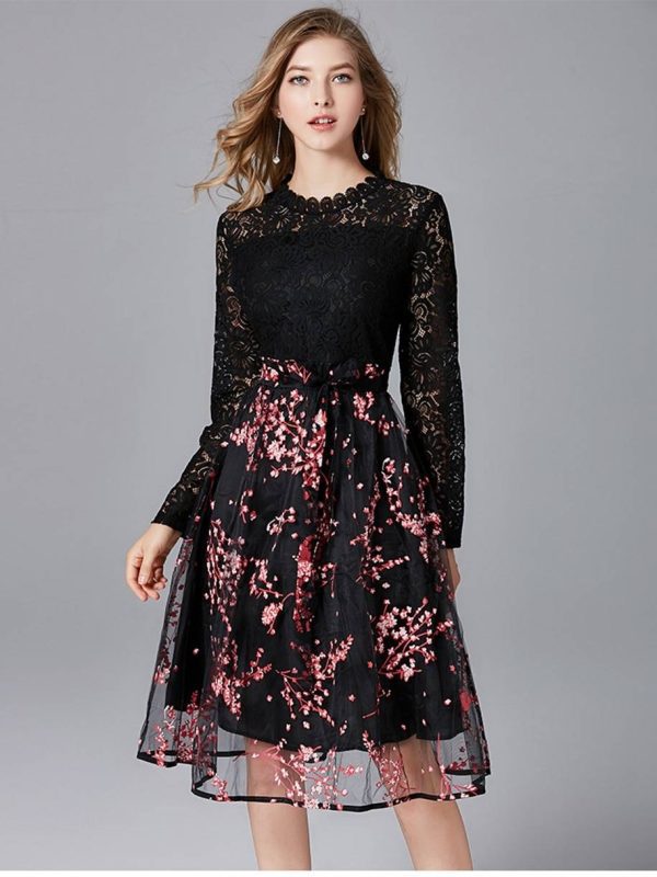 High waist print organza black lace dress