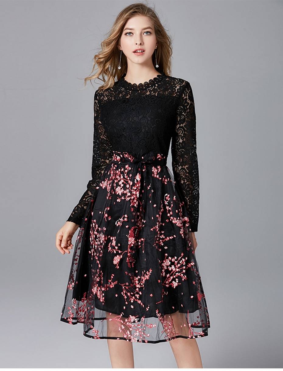 High Waist Print Organza Black Lace Dress | Uniqistic.com