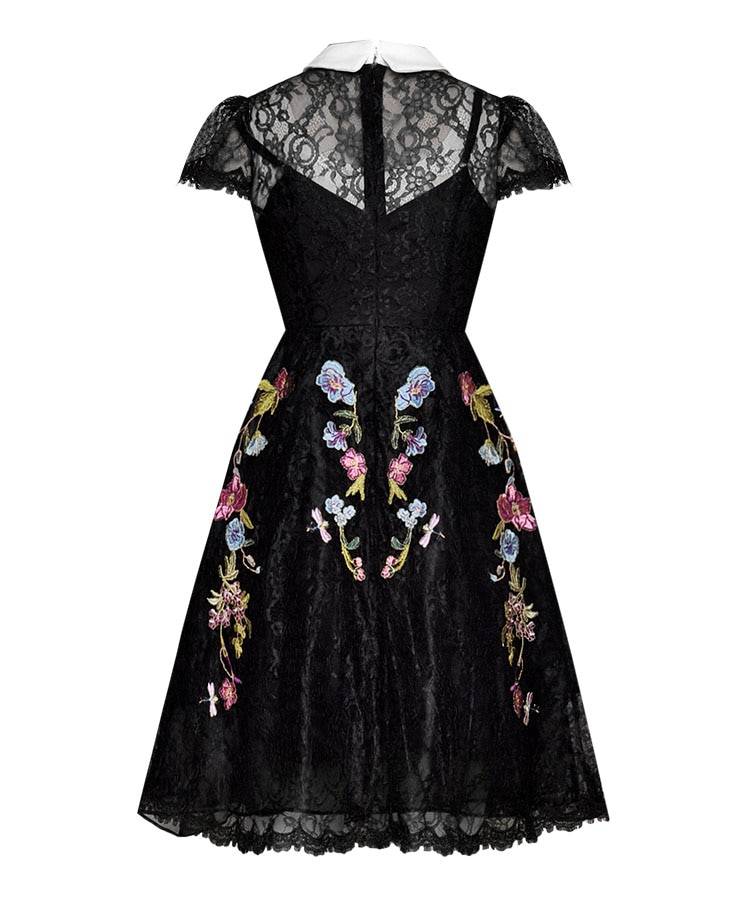 Colorful Flowers Lace Embroidery Short Sleeve A-Line Black Dress in Dresses