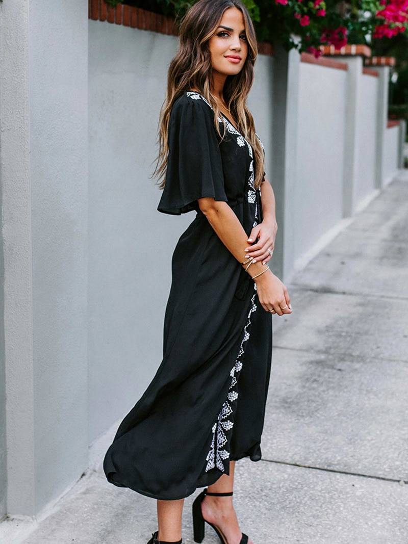 Embroidery Flare Sleeve A Line Black Bohemian Maxi Dress in Dresses