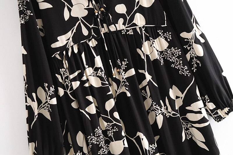 Vintage long sleeve neck tie ethnic black floral print bohemian dress
