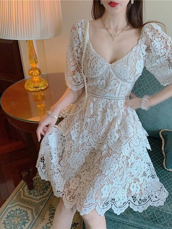 Elegant Floral Embroidery Lace Hollow Out High Waist Holiday Dress in Dresses