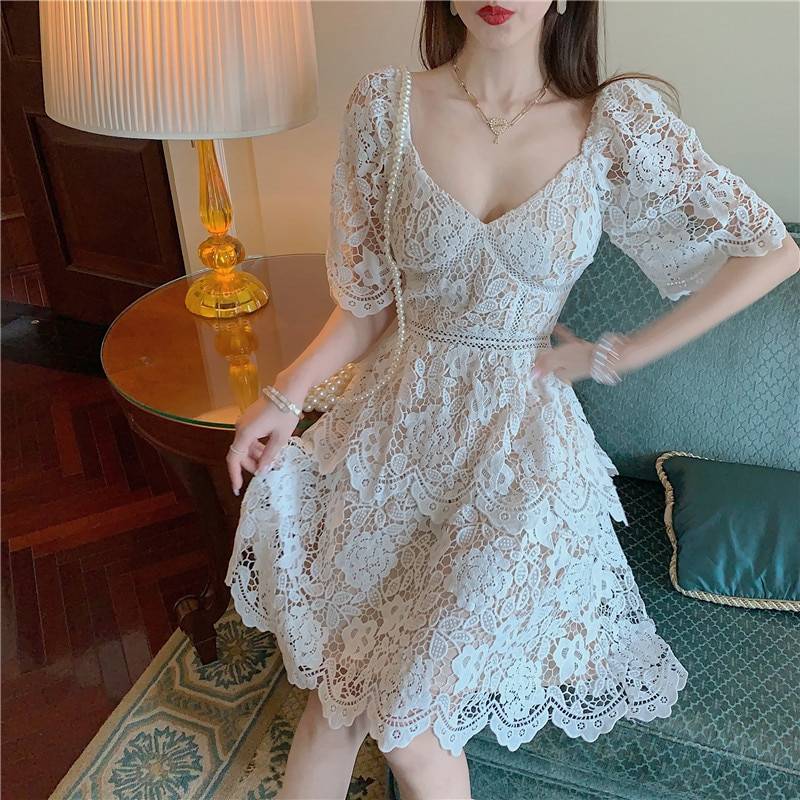 Elegant Floral Embroidery Lace Hollow Out High Waist Holiday Dress in Dresses