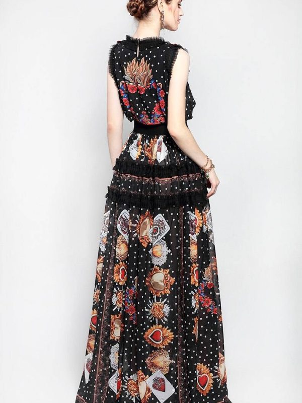 Elegant rose flower print embroidery vintage long dress