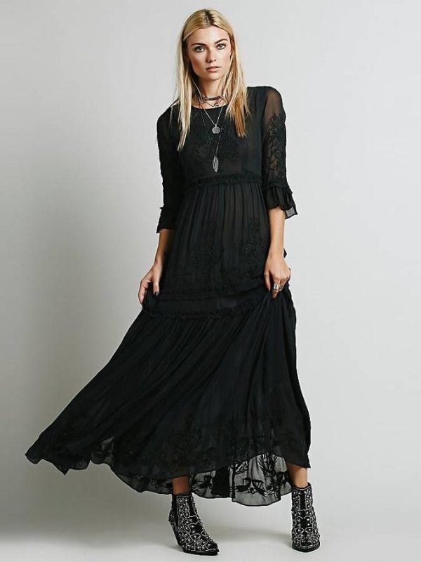 Elegant Floral Embroidery Flare Sleeve Maxi Boho Dress in Dresses