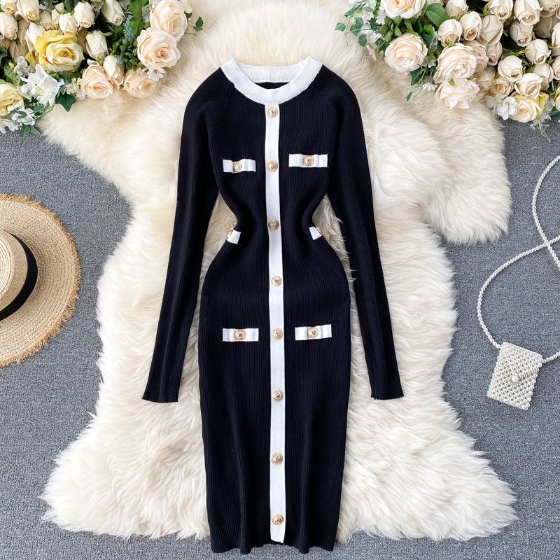 Elastic O Neck Button Knitted Sheath Office Bodycon Dress