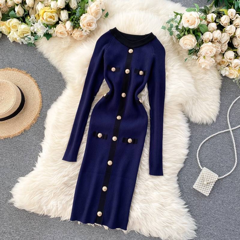 Elastic O Neck Button Knitted Sheath Office Bodycon Dress in Dresses