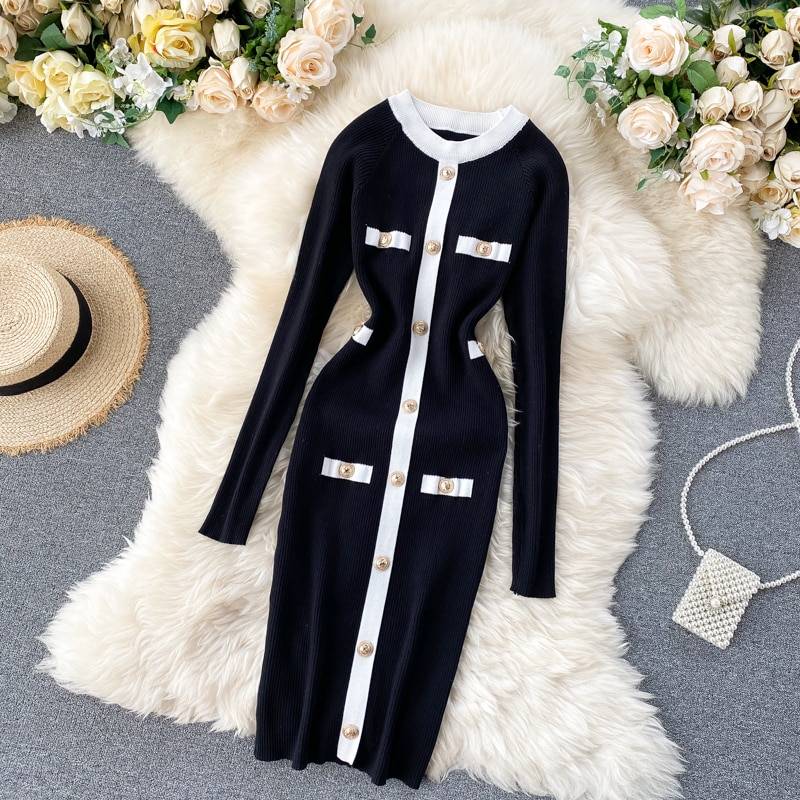 Elastic O Neck Button Knitted Sheath Office Bodycon Dress in Dresses