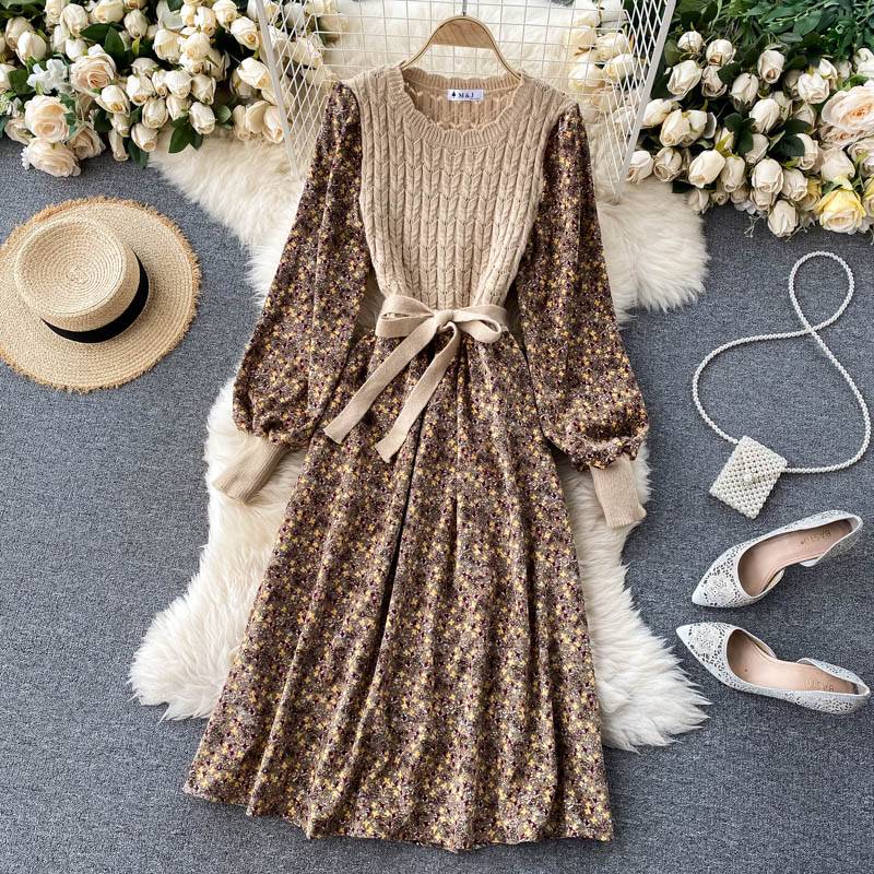 O Neck Puff Sleeve Bow Drawstring A Line Knitted Dress in Dresses