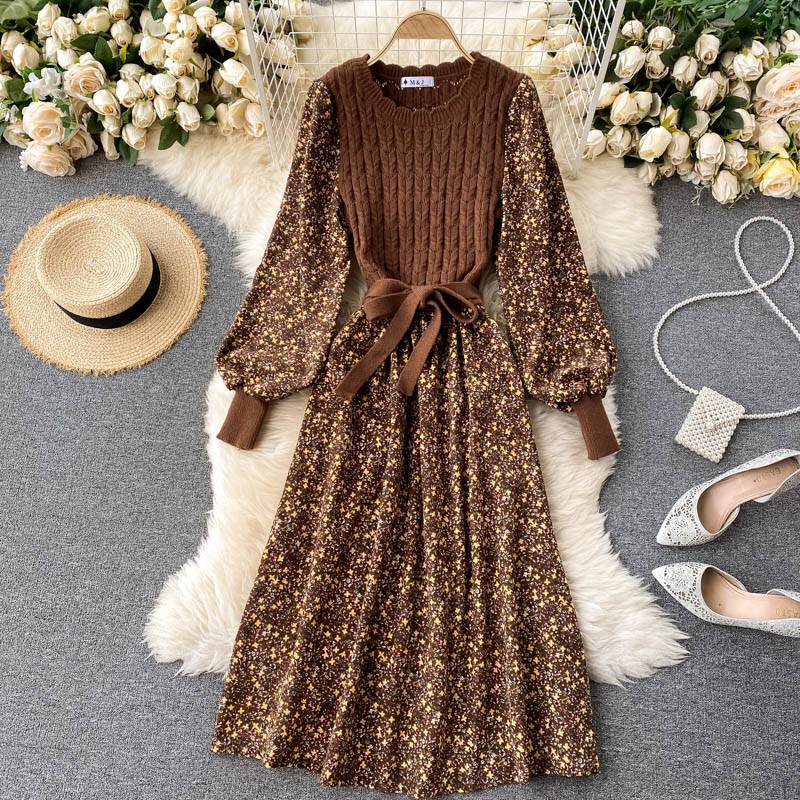 O Neck Puff Sleeve Bow Drawstring A Line Knitted Dress in Dresses