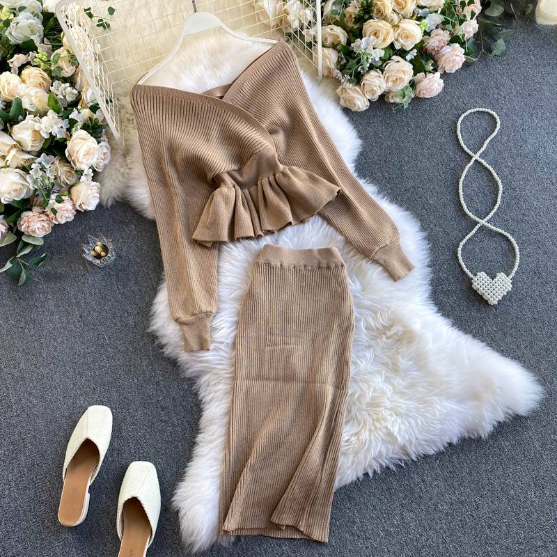 Shiny Knitting Skirt Long Sleeve Sweater Two Pieces Set in Skirts