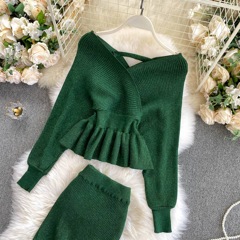 Shiny Knitting Skirt Long Sleeve Sweater Two Pieces Set in Skirts